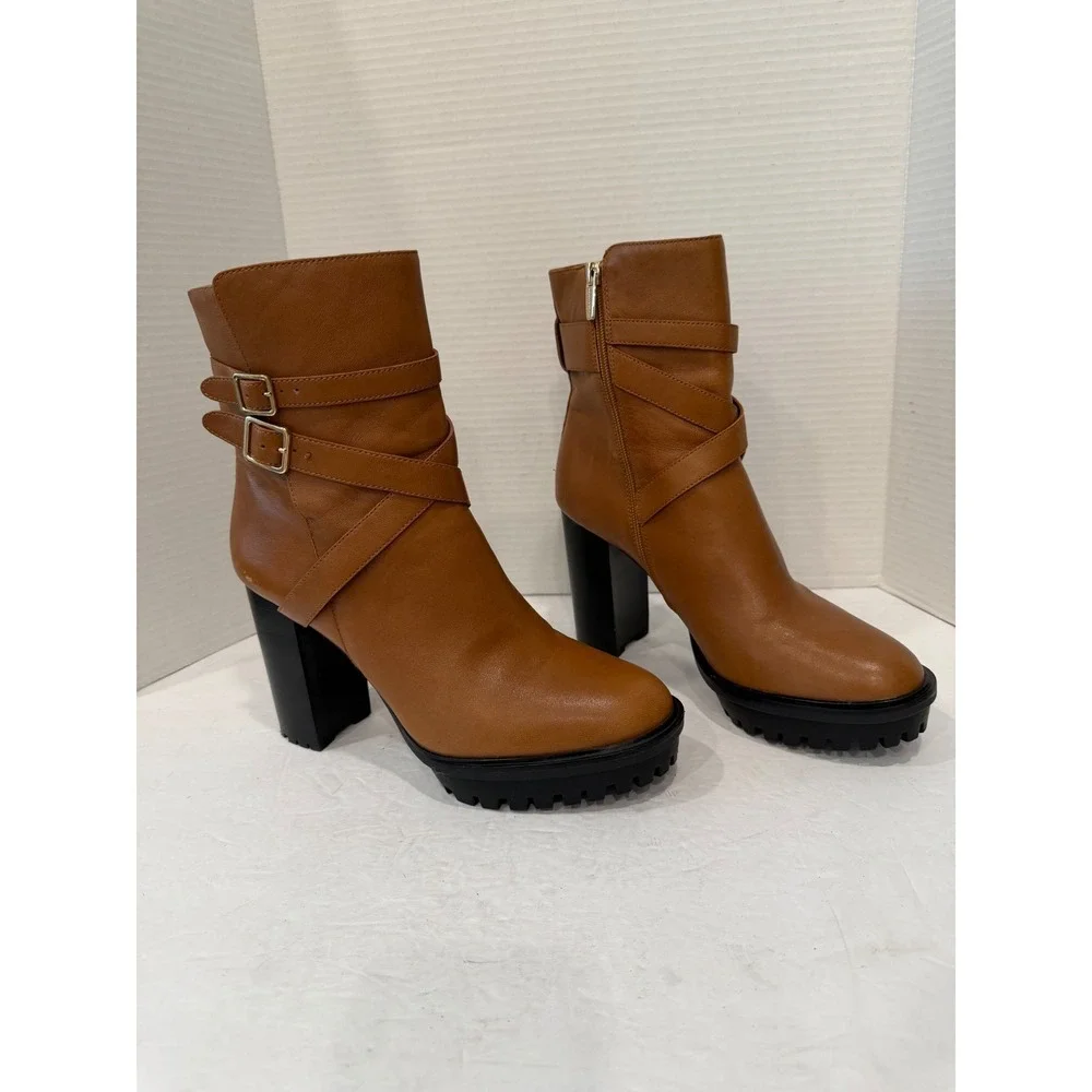 Vince Camuto Brown Buckle Strap Lug Sole Platform Block Heel Zip Ankle Boots 10M